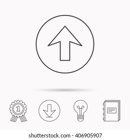 Upload icon. Top arrow sign. Internet load symbol. Download arrow, lamp, learn book and award medal icons.