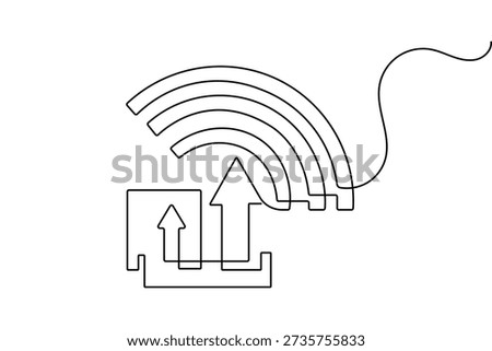 Upload icon with wifi signal in continuous one line drawing minimalist style isolate outline vector