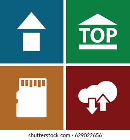 Upload icons set. set of 4 upload filled icons such as top of cargo box, memory card, download upload cloud