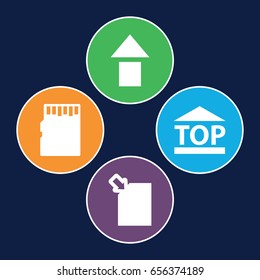 Upload icons set. set of 4 upload filled icons such as top of cargo box, memory card, arrow up