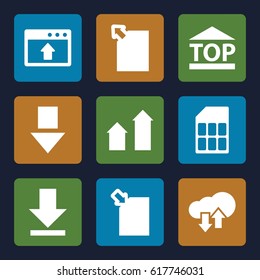 Upload icons set. set of 9 upload filled icons such as arrow up, top of cargo box, download, memory card, arrow down