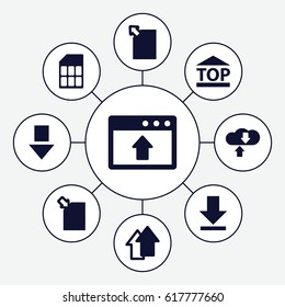 Upload icons set. set of 9 upload filled icons such as top of cargo box, download, arrow up, memory card, arrow down, download cloud, window browser upload
