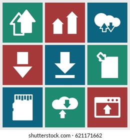 Upload icons set. set of 9 upload filled icons such as arrow up, download, memory card