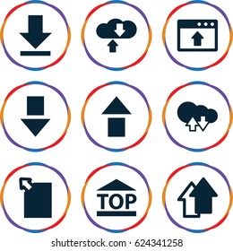 Upload icons set. set of 9 upload filled icons such as top of cargo box, download, arrow up