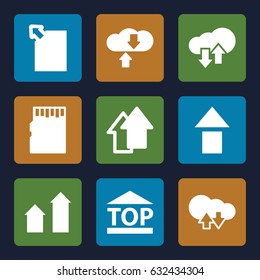 Upload icons set. set of 9 upload filled icons such as arrow up, top of cargo box