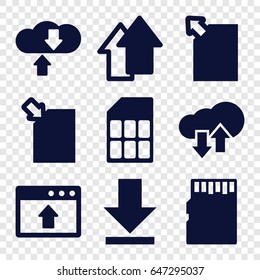 Upload icons set. set of 9 upload filled icons such as download, arrow up