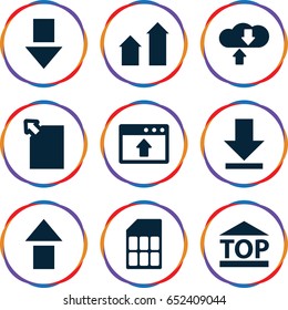 Upload icons set. set of 9 upload filled icons such as arrow up, top of cargo box, download, memory card, arrow down, download cloud, window browser upload