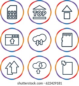 Upload icons set. set of 9 upload outline icons such as top of cargo box, arrow up, memory card, download cloud