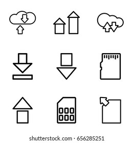 Upload icons set. set of 9 upload outline icons such as arrow up, download, memory card, cloud download upload