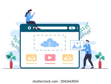 Upload Image Background of Online Devices Information and Data to Social Networks with Cloud Service or Loading Concept Vector Illustration