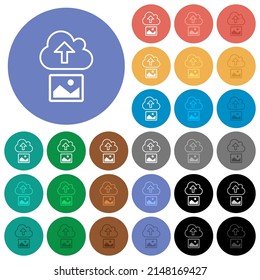 Upload image to cloud outline multi colored flat icons on round backgrounds. Included white, light and dark icon variations for hover and active status effects, and bonus shades.