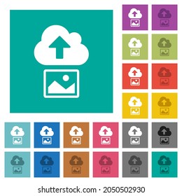 Upload image to cloud solid multi colored flat icons on plain square backgrounds. Included white and darker icon variations for hover or active effects.