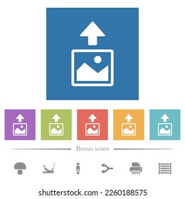 Upload image flat white icons in square backgrounds. 6 bonus icons included.