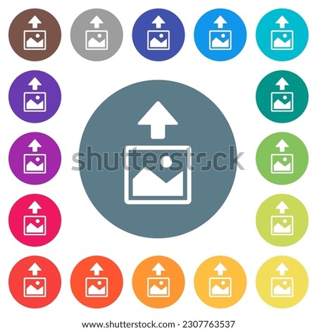 Upload image flat white icons on round color backgrounds. 17 background color variations are included.