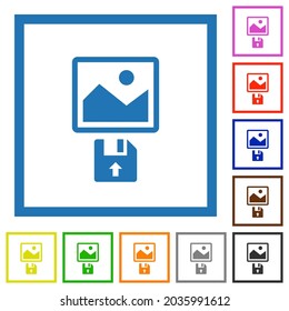 Upload image from floppy disk flat color icons in square frames on white background