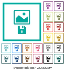 Upload image from floppy disk flat color icons with quadrant frames on white background