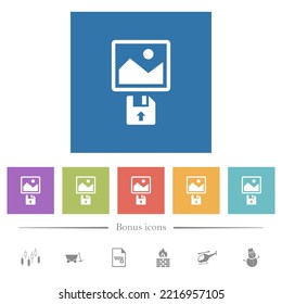 Upload image from floppy disk flat white icons in square backgrounds. 6 bonus icons included.