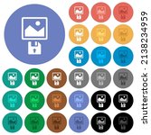 Upload image from floppy disk multi colored flat icons on round backgrounds. Included white, light and dark icon variations for hover and active status effects, and bonus shades.