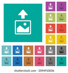 Upload image multi colored flat icons on plain square backgrounds. Included white and darker icon variations for hover or active effects.