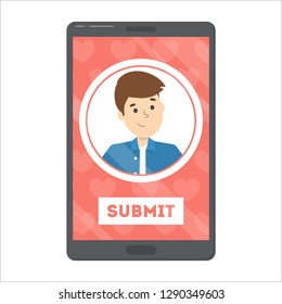 Upload image on the website or mobile app. Dating site in the internet. Add content and share photo in blog. Isolated flat vector illustration
