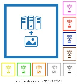 Upload image to server outline flat color icons in square frames on white background