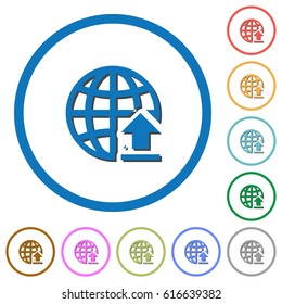 Upload to internet flat color vector icons with shadows in round outlines on white background