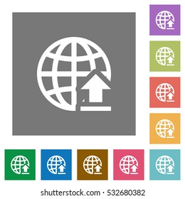 Upload to internet flat icons on simple color square background.