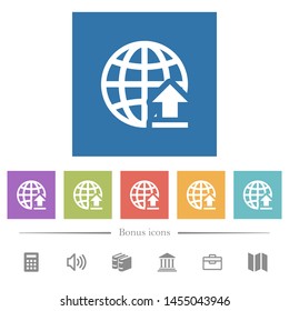 Upload to internet flat white icons in square backgrounds. 6 bonus icons included.