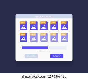 Upload jpg files window with progress bar, vector interface