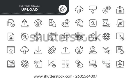 Upload line icon set. Uploading, arrow up, file, data, cloud upload, uploaded, server, transfer and more. Outline vector icon in linear style. Pictogram collection	
