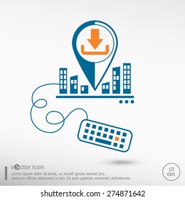 Upload and Load symbol and keyboard. Line icons for application development on city background
