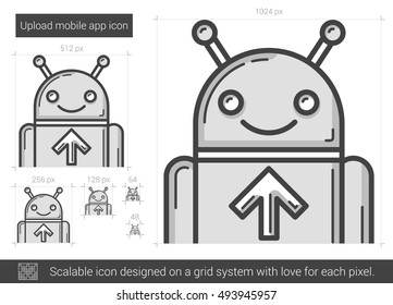Upload mobile app vector line icon isolated on white background. Upload mobile app line icon for infographic, website or app. Scalable icon designed on a grid system.