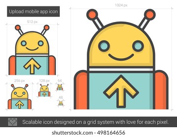 Upload mobile app vector line icon isolated on white background. Upload mobile app line icon for infographic, website or app. Scalable icon designed on a grid system.