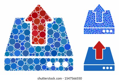 Upload mosaic of round dots in different sizes and color tints, based on upload icon. Vector round dots are united into blue mosaic. Dotted upload icon in usual and blue versions.