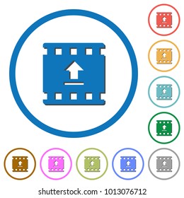 Upload movie flat color vector icons with shadows in round outlines on white background