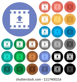 Upload movie multi colored flat icons on round backgrounds. Included white, light and dark icon variations for hover and active status effects, and bonus shades on black backgounds.