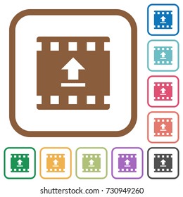 Upload movie simple icons in color rounded square frames on white background