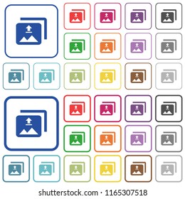 Upload multiple images color flat icons in rounded square frames. Thin and thick versions included.