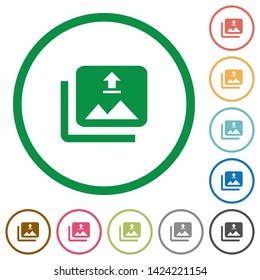 Upload multiple images flat color icons in round outlines on white background