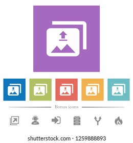 Upload Multiple Images Flat White Icons In Square Backgrounds. 6 Bonus Icons Included.