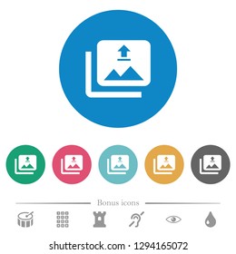 Upload multiple images flat white icons on round color backgrounds. 6 bonus icons included.