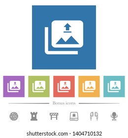 Upload multiple images flat white icons in square backgrounds. 6 bonus icons included.