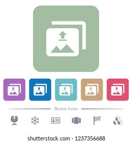 Upload Multiple Images White Flat Icons On Color Rounded Square Backgrounds. 6 Bonus Icons Included