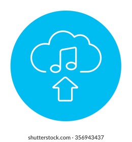 Upload music line icon for web, mobile and infographics. Vector white icon on the light blue circle isolated on white background.