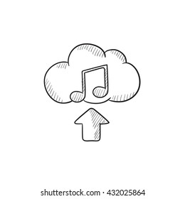 Cargar el icono de esbozo del vector de la música aislado en el fondo. Dibujo mano Icono de Subir música. Subir el icono de esbozo de música para infografía, sitio web o aplicación.