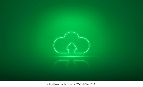 Upload neon icon. Glowing green upload sign.Online saving, digital  button uploading. Vector illustration