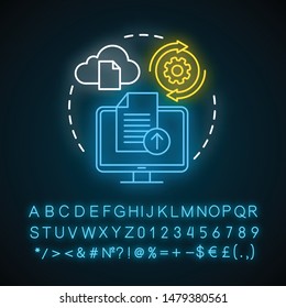 Upload neon light concept icon. Data transfer idea. Downloading and cloud computing. File sharing service. Cloud web storage. Glowing sign with alphabet, numbers, symbols. Vector isolated illustration