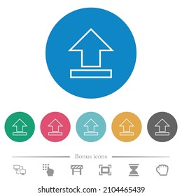 Upload outline flat white icons on round color backgrounds. 6 bonus icons included.