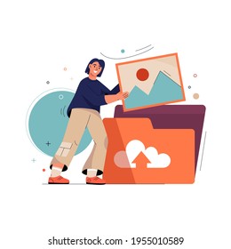 Upload photo concept. Woman uploading image or picture to huge folder of cloud storage. Sharing of graphic content on social networks. Vector character illustration isolated on white background