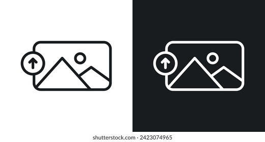 Upload photo icon designed in a line style on white background.
